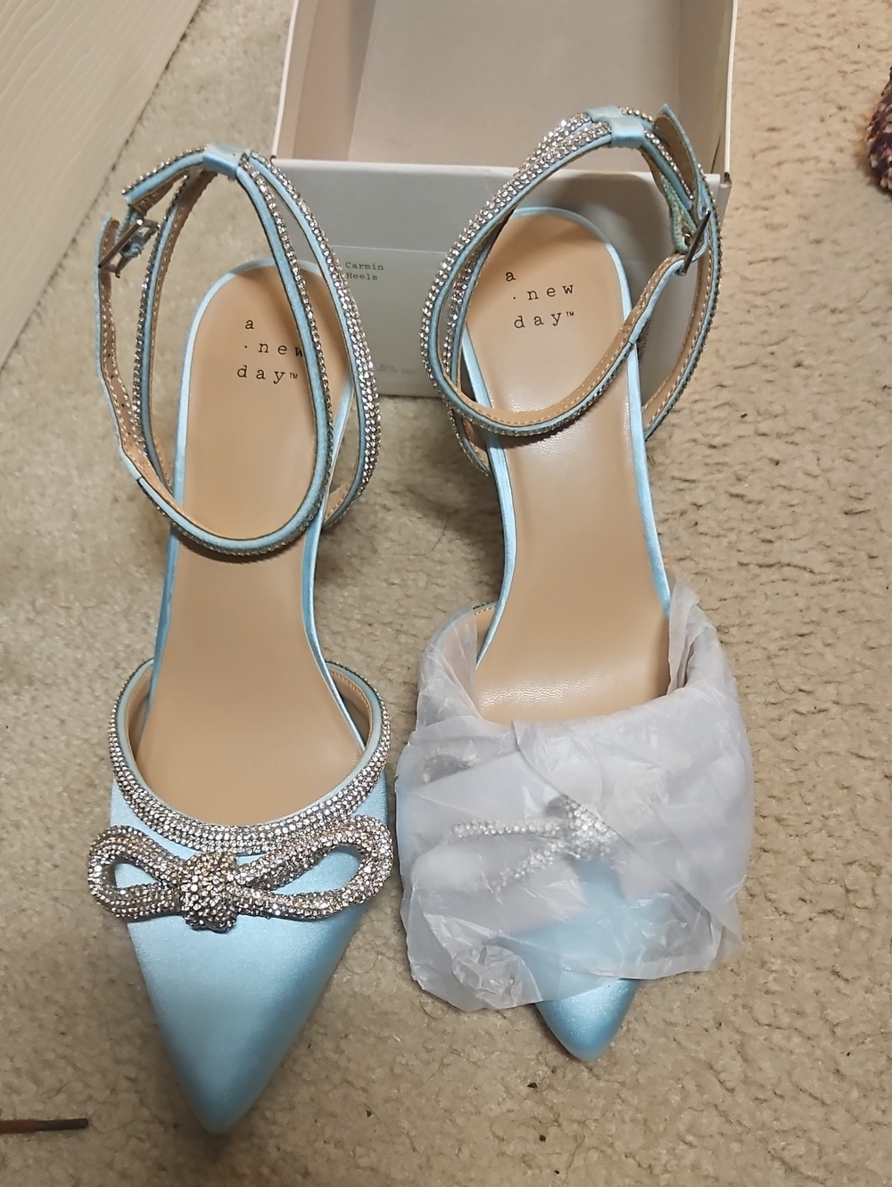 a new day Light Blue Satin Pointed-Toe Ankle Strap Heels with Crystal Bow Accent